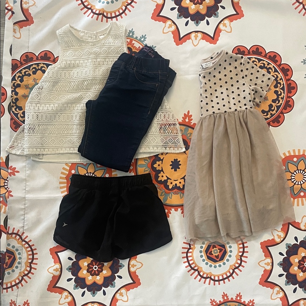 Zappa dress , girls GAP dark denim with white flowy top and old navy shorts